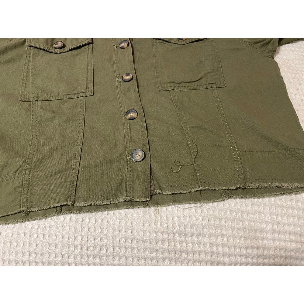 Timing Army Green Cropped Button Up Collared Two Pocket Cotton Utility Jacket Lg - Picture 10 of 11